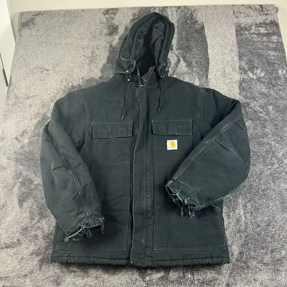 Vtg Carhartt Canvas Removable Hood Navy Blue Full Zip Jacket Quilt Lined XL/XXL